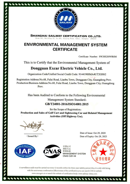 Çin Dongguan Excar Electric Vehicle Co., Ltd Sertifikalar